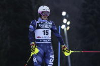 United States' Paula Moltzan after going out of the course during an alpine ski, women's World Cup slalom race, in Zagreb, Croatia, Wednesday, Jan. 4, 2023. (AP Photo/Piermarco Tacca)