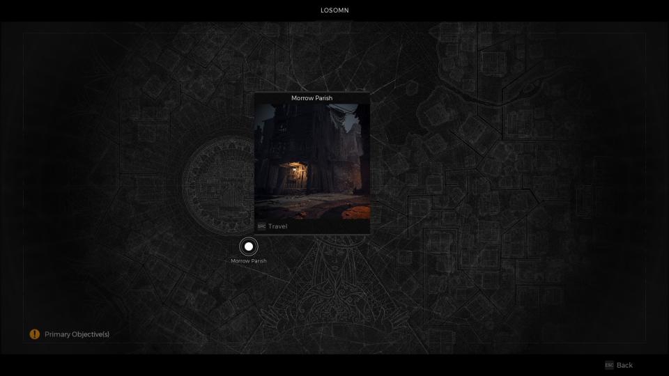 An image of the map in Remnant 2, showing the Morrow Parish, where you can find the Alchemist archetype.