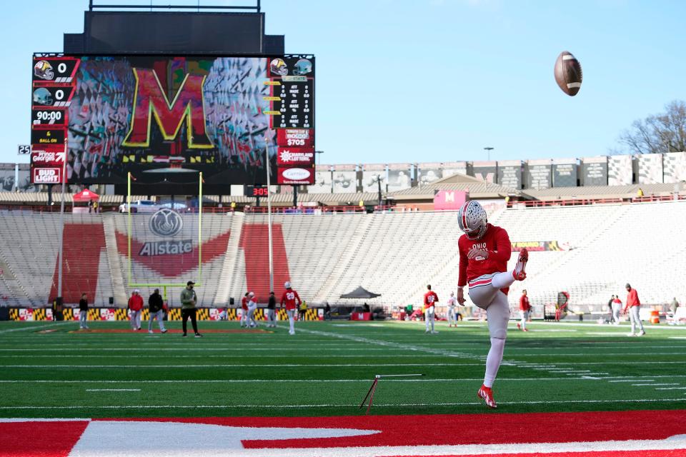 Nov 19, 2022; College Park, MD, USA; Ohio State Buckeyes punter Michael O’Shaughnessy (96) warms up before their game against Maryland Terrapins at SECU Stadium.