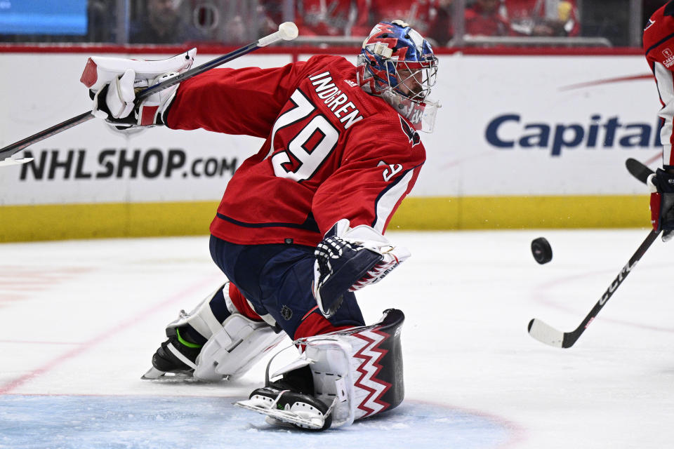 Washington Capitals goaltender Charlie Lindgren (79) tracks the puck during the second period of an NHL hockey game against the Detroit Red Wings Tuesday, March 26, 2024, in Washington. (AP Photo/Nick Wass)