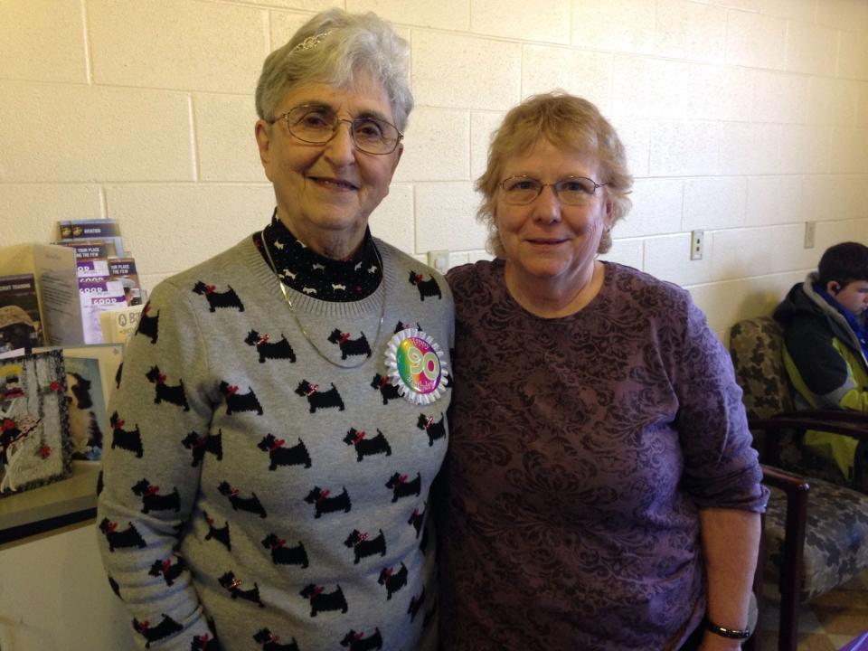 Donna McIndoe, left, celebrates her 90th birthday in 2019 with her good friend and walking buddy, Candace Fletcher.