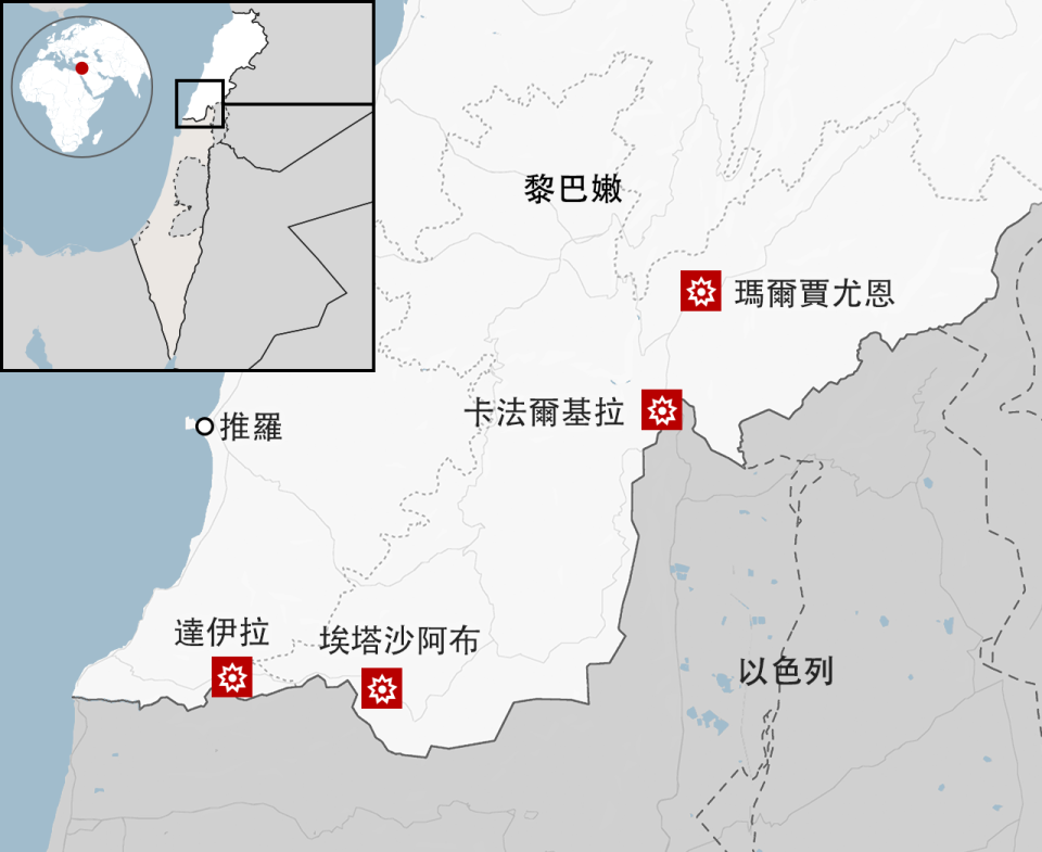 A map locating the BBC has independently verified the repeated use of white phosphorus munitions by the IDF in four towns and villages between October 2023 to March 2024