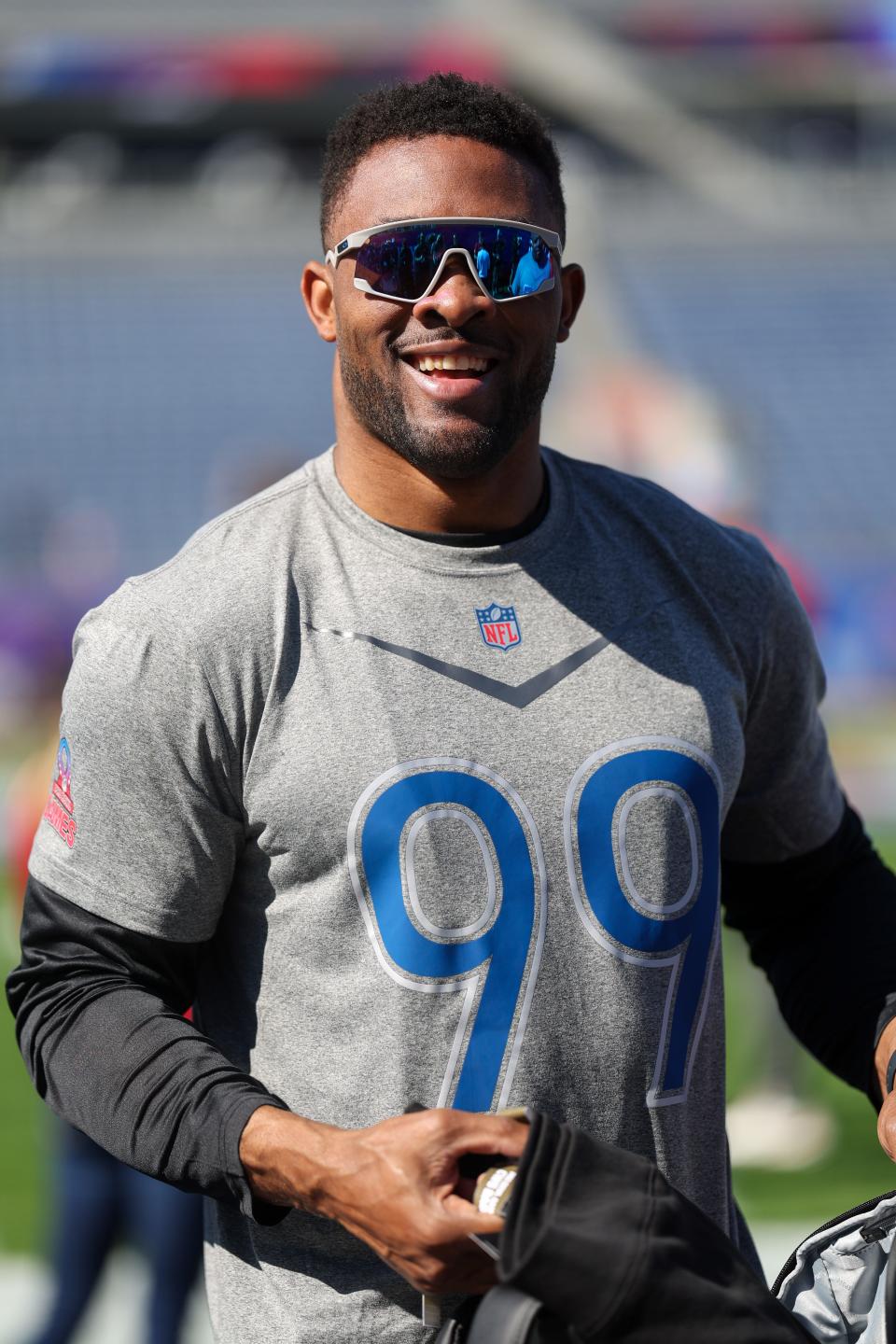 Feb 2, 2024; Orlando, FL, USA; Minnesota Vikings linebacker Danielle Hunter (99) participates in the AFC versus NFC Pro Bowl practice and media day at Camping World Stadium. Mandatory Credit: Nathan Ray Seebeck-USA TODAY Sports