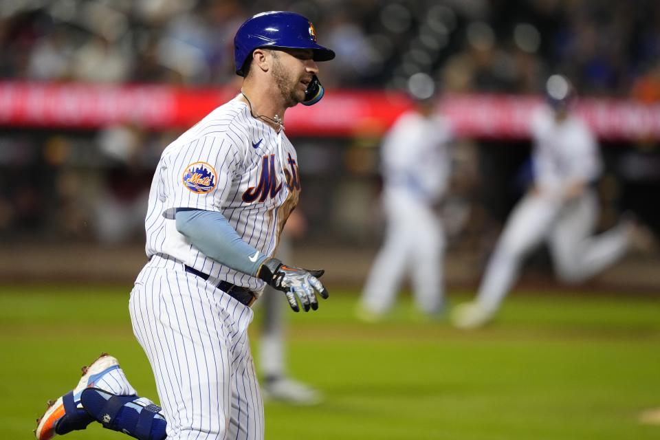 New York Mets' Pete Alonso turns toward second base on a two-run double against the Arizona Diamondbacks during the fifth inning of a baseball game Wednesday, Sept. 13, 2023, in New York. (AP Photo/Frank Franklin II)