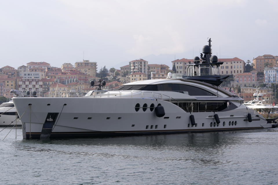 A view of the yacht "Lady M", owned by Russian oligarch Alexei Mordashov, at it is docked at Imperia's harbor, Italy, Saturday, March 5, 2022. European governments are moving against Russian oligarchs to pressure Russian President Vladimir Putin to back down on his war in Ukraine, seizing superyachts and other luxury properties from billionaires on sanctions lists. (AP Photo/Antonio Calanni)