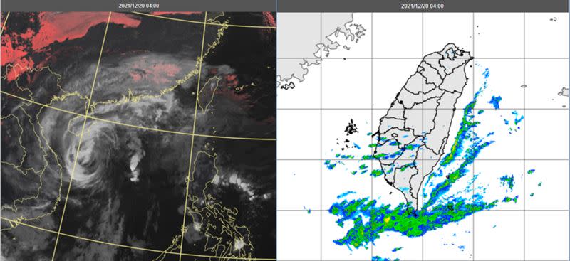 圖：今(20)日4時真實色雲圖顯示，中颱「雷伊」颱風眼消失，漸呈現高低層分離，其輸出的雲層即將籠罩台灣(左圖)；4時雷達回波合成圖亦顯示，南台灣的回波已漸增多(右圖)。