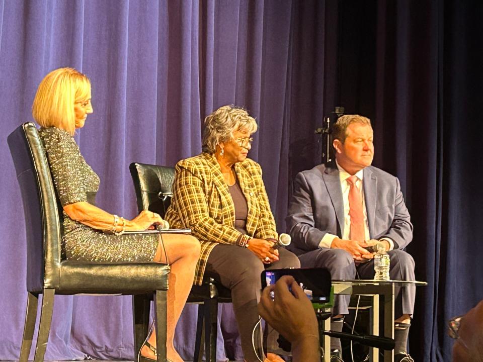 Sen. Doris Turner, D-Springfield, (center) and Rep. Mike Coffey, R-Springfield (right), spoke on local legislative priorities during a Citizens Club of Springfield forum Friday, Oct. 27, 2023.