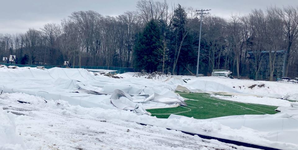 The former golf dome of the former Erie Sports Center in Summit Township is shown here Wednesday with the roof deflated after the recent snowstorm. The snow caused a tear in the structure.