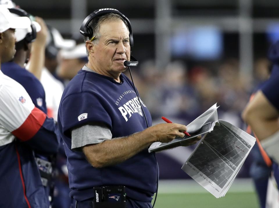 New England Patriots head coach Bill Belichick watches from the sideline in the second half of an NFL football game against the Pittsburgh Steelers, Sunday, Sept. 8, 2019, in Foxborough, Mass. (AP Photo/Elise Amendola)