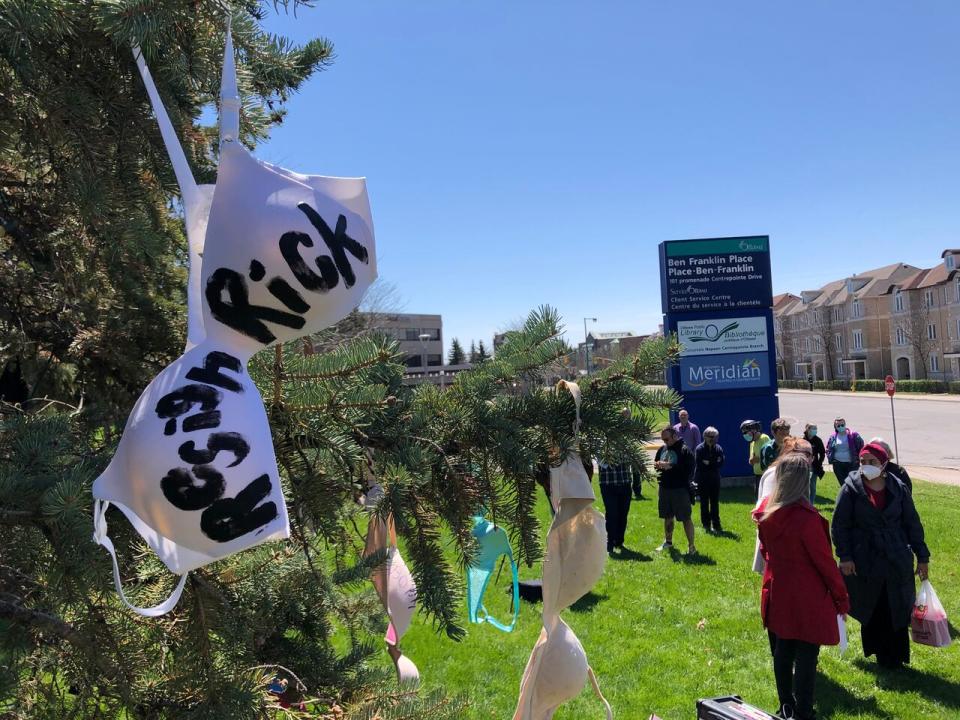 Protestors hung bras outside councillor Rick Chiarelli's office to protest sexual harassment