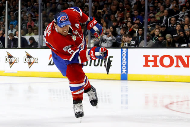 LOS ANGELES, CA – JANUARY 28: Shea Weber #6 of the Montreal Canadiens competes in the Oscar Mayer NHL Hardest Shot event during the 2017 Coors Light NHL All-Star Skills Competition as part of the 2017 NHL All-Star Weekend at STAPLES Center on January 28, 2017 in Los Angeles, California. (Photo by Bruce Bennett/Getty Images)