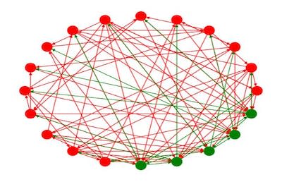 Schéma d’un réseau de neurones (points) communiquant entre eux (flèches). Les neurones n’ont pas tous les mêmes effets les uns sur les autres, ce qui est représenté par différentes couleurs. Benjamin Ambrosio, Fourni par l'auteur