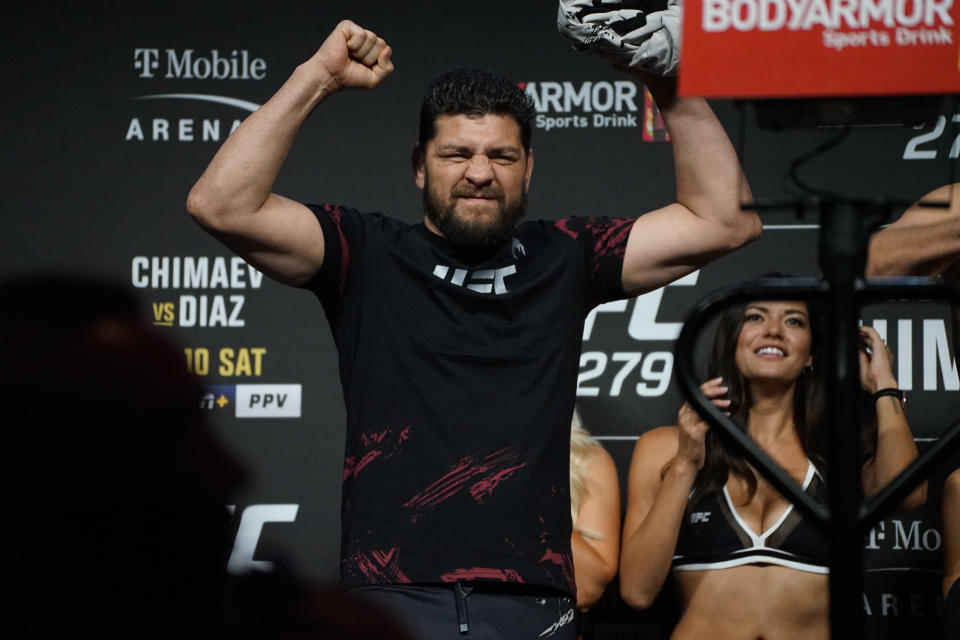 LAS VEGAS, NV - SEPTEMBER 9: Nick Diaz appears on stage at the UFC 279 ceremonial weigh-ins on September 9, 2022, at the MGM Grand Arena in Las Vegas, NV. (Photo by Amy Kaplan/Icon Sportswire via Getty Images)