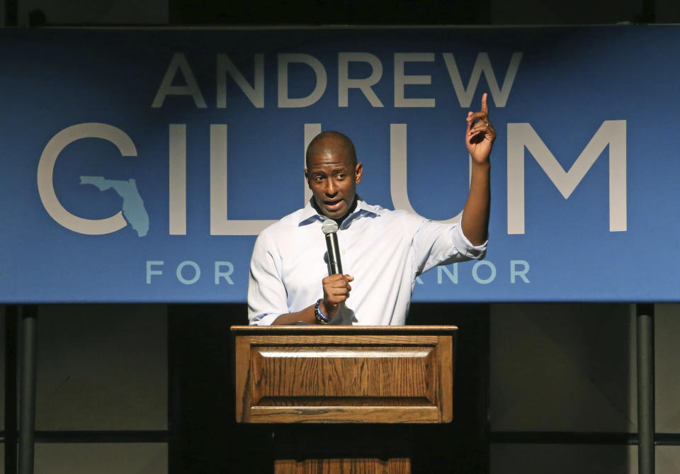 FILE - Tallahassee Mayor Andrew Gillum speaks at a campaign stop in his bid for governor, Monday, Nov. 5, 2018, in Crawfordville, Fla. Gillum, the 2018 Democratic nominee for Florida governor, is facing 21 federal charges related to a scheme to seek donations and funnel a portion of them back to him through third parties. The U.S. attorney's office announced the indictment Wednesday, June 22, 2022. (AP Photo/Steve Cannon, File)