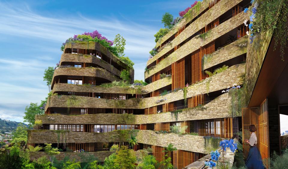 In Cumbayá, architect Jean Nouvel designed a nine-building residential complex that features stone-covered facades and wood-screened apartment terraces, and emphasizes greenery. The complex, called Aquarela, was developed by Uribe & Schwarzkopf and is currently under construction.