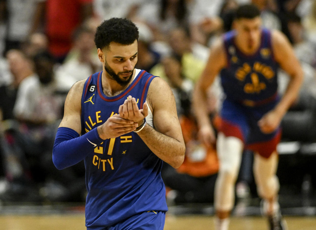 Denver Nuggets guard Jamal Murray's hand looks a little gnarly. (Photo by AAron Ontiveroz/The Denver Post)