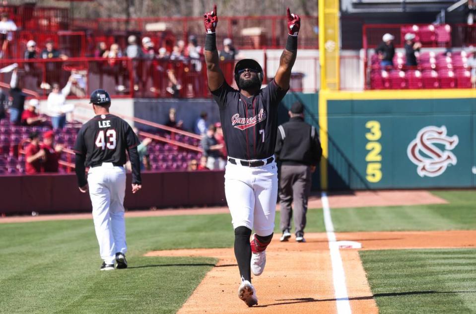 South Carolina outfielder Kennedy Jones (7) rounds the bases after hitting a home run during the Gamecocks’ game against Belmont at Founders Park in Columbia on Sunday, February 25, 2024.