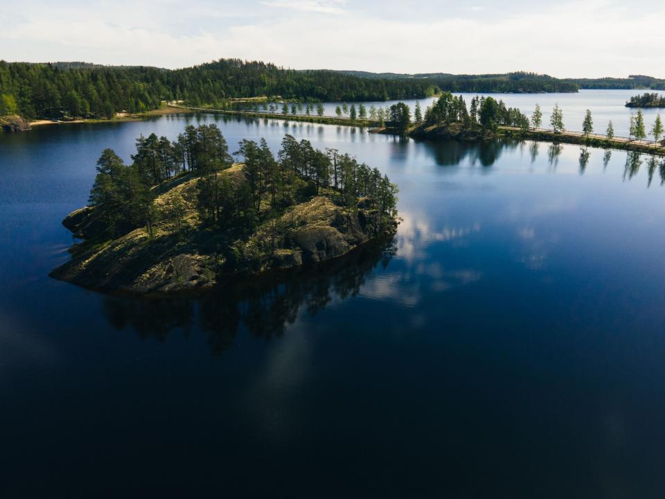 An aerial view taken on June 8, 2021 shows lake Saimaa in Puumala, Finland.