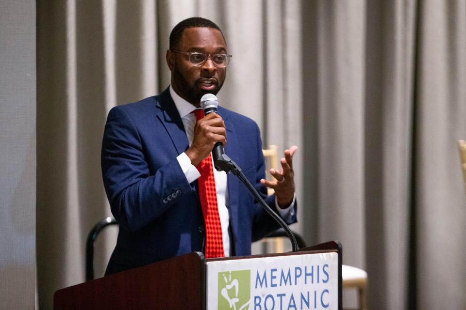 Paul Young, Memphis mayor-elect, speaks before the start of the Celebrate What’s Right: Bridge Over Troubled Water panel discussion on community and safety at Memphis Botanic Garden in Memphis, Teen., on Tuesday, November 28, 2023.