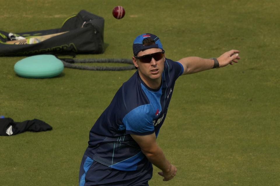 New Zealand's Matt Henry attends a training session, in Karachi, Pakistan, Friday, Dec. 23, 2022. (AP Photo/Fareed Khan)