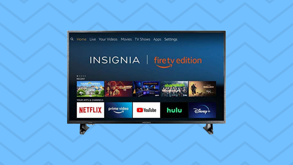 Insignia 32-inch Smart HD TV on a blue background