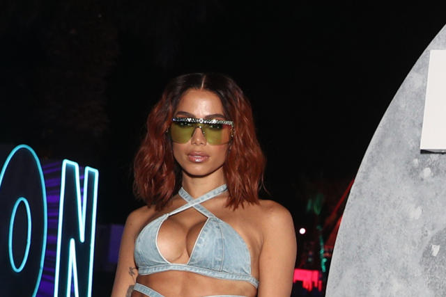 Anitta Sparkles in Denim Halter Top and Crystal-Embellished Patchwork Jeans  For Nylon House