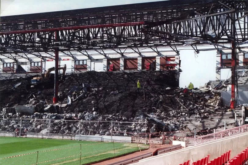 The terracing of the Spion Kop is removed at Anfield during the summer of 1994 in Liverpool