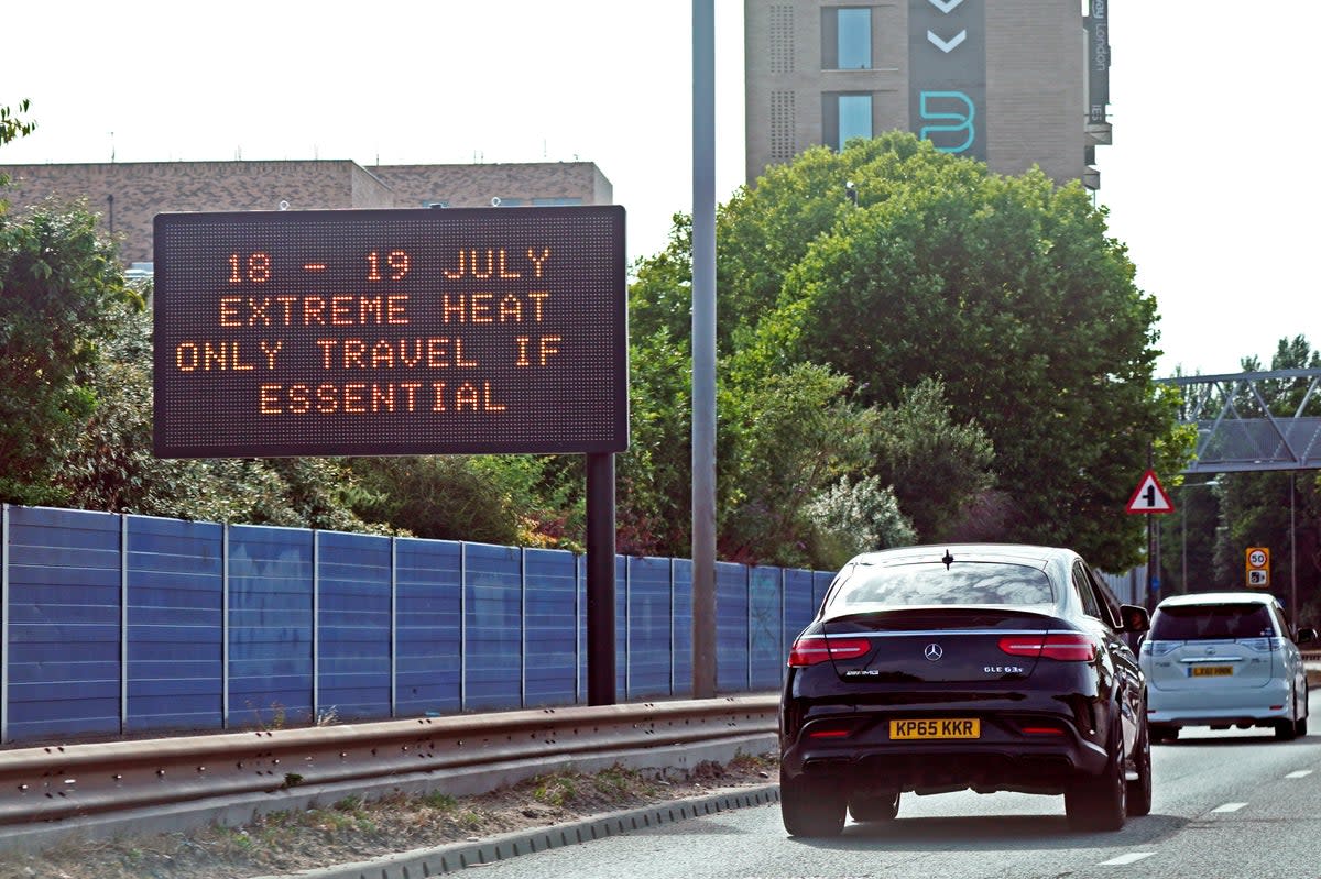 A weather travel warning for Monday and Tuesday is displayed on a road information panel on the A13 near Beckton in east London (Yui Mok/PA) (PA Wire)