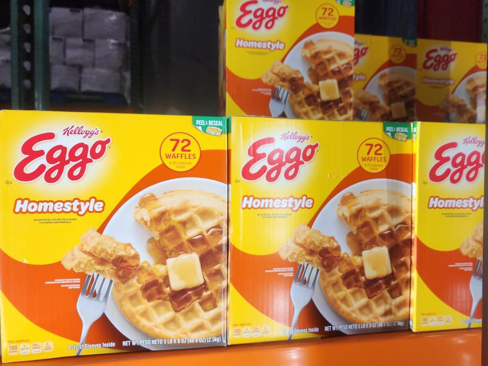 Kellogg's Eggo waffles boxes in freezer section at Costco