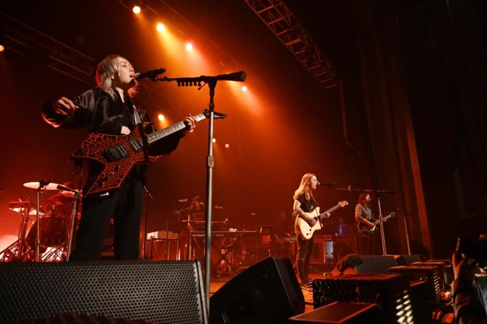 Phoebe Bridgers, Julien Baker, Lucy Dacus perform onstage at the opening night of boygenius "the tour" held at The Fox Theater Pomona on April 12, 2023 in Pomona, California.