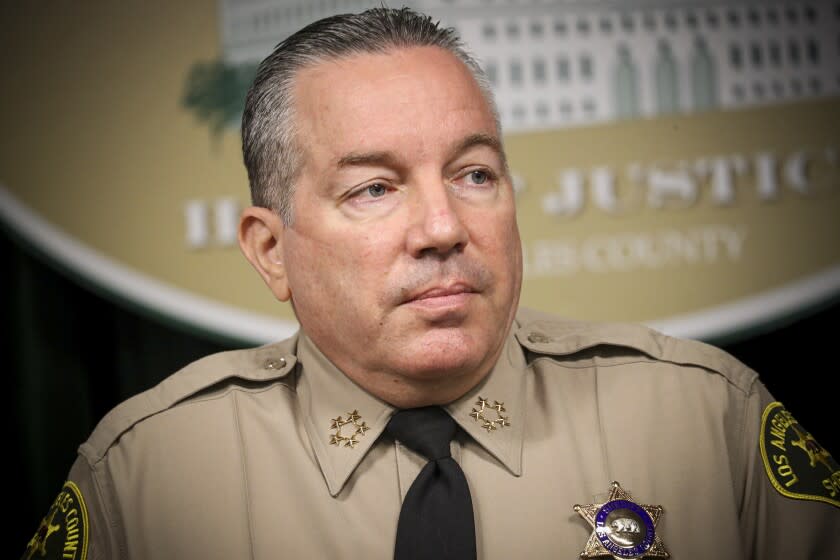 LOS ANGELES, CA - AUGUST 12: Sheriff Alex Villanueva speaks at a news conference to give an update on the fatal shooting by a deputy of Andres Guardado on June 18 near Gardena. in Hall of Justice on Wednesday, Aug. 12, 2020 in Los Angeles, CA. (Irfan Khan / Los Angeles Times)