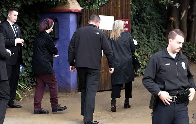 Meryl Streep arrives at the memorial service. Source: Getty