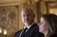 Joe Petito, father of Gabby Petito, looks at Nicole Schmidt during a press conference for SB117, a bill advocating for domestic violence protections, at the Capitol in Salt Lake City, on Monday, Jan. 30, 2023. (Ryan Sun/The Deseret News via AP)