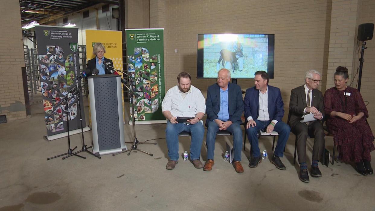 Officials from the University of Saskatchewan and provincial government hosted a news conference on campus Friday to announce new funding for the Western College of Veterinary Medicine. (CBC - image credit)