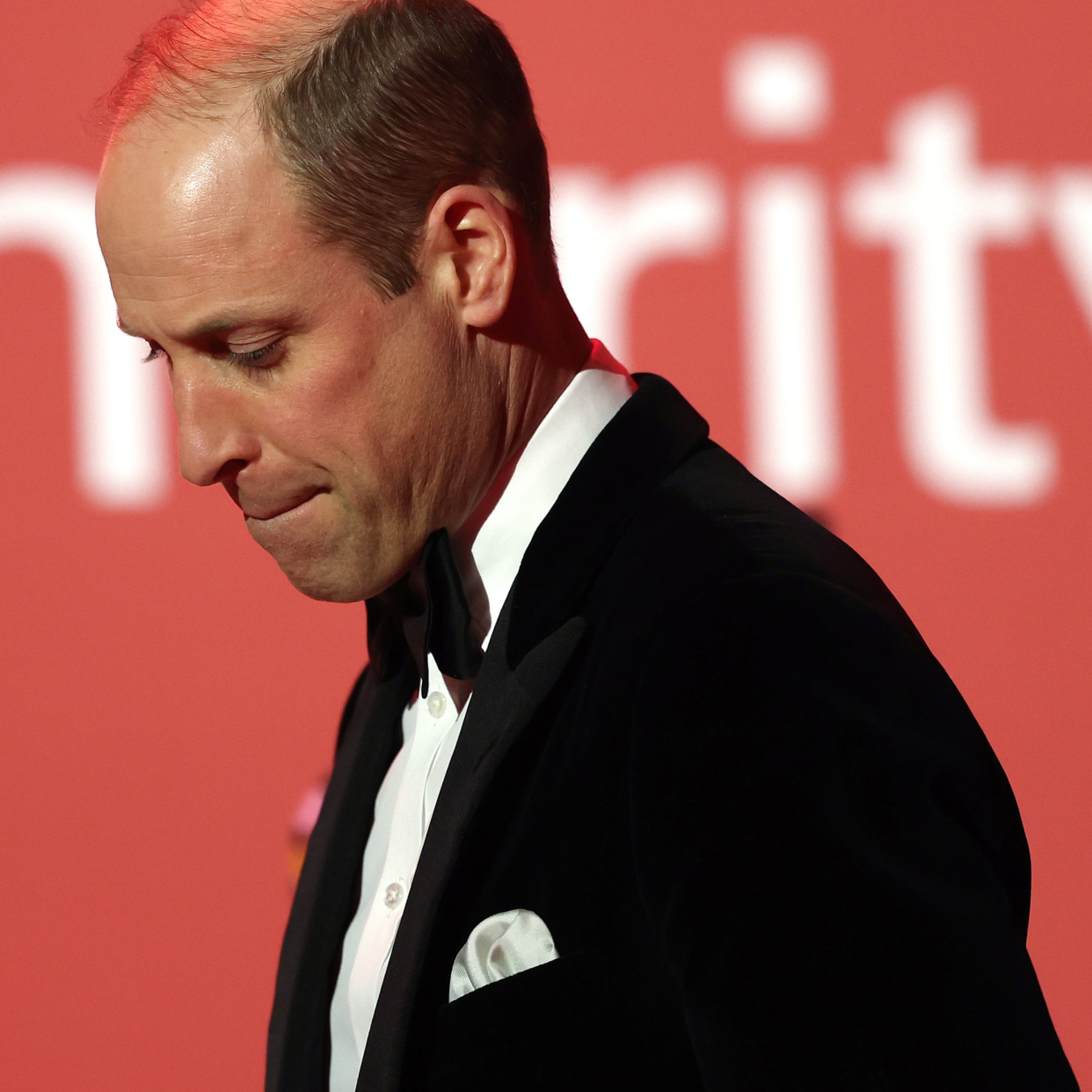  Britain's Prince William, Prince of Wales leaves the stage after delivering a speech during the London Air Ambulance Charity Gala Dinner at The OWO on February 7, 2024 in London, England. 