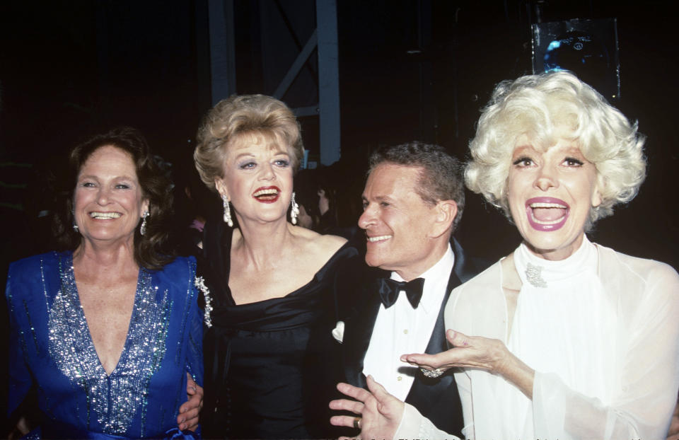 From left, Coleen Dewhurst, Angela Lansbury, Jerry Herman and Carol Channing at the Tony Awards in 1989. (MediaPunch /IPX)