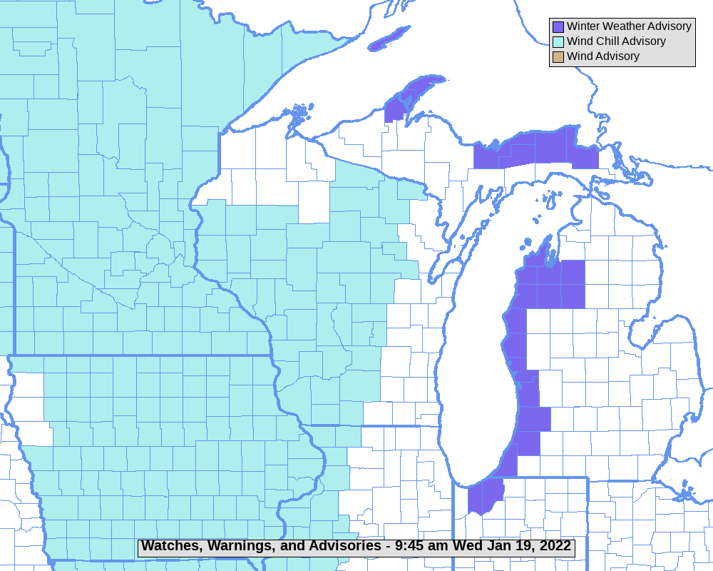 Areas shaded in light blue are under wind chill advisories overnight Wednesday into Thursday.  Wind chill advisories are issued when wind chills of at least minus 20 are forecast.