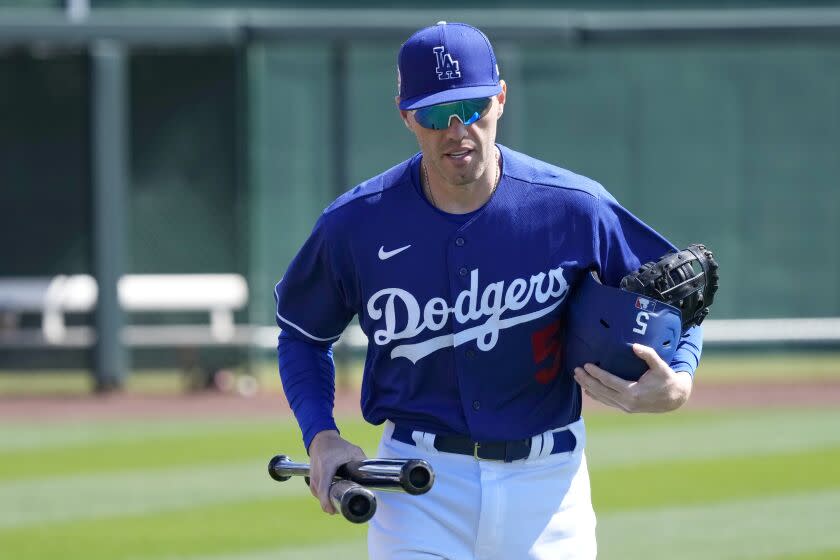 Los Angeles Dodgers' Freddie Freeman runs to the dugout prior to a spring training baseball.