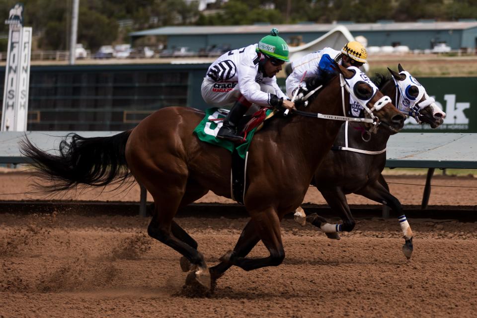 Irish Seis wins the eighth 350-yard Ruidoso Futurity Quarter Horse Trials race at the Ruidoso Downs Racetrack and Casino in Ruidoso, New Mexico, on Saturday, May 27, 2023.