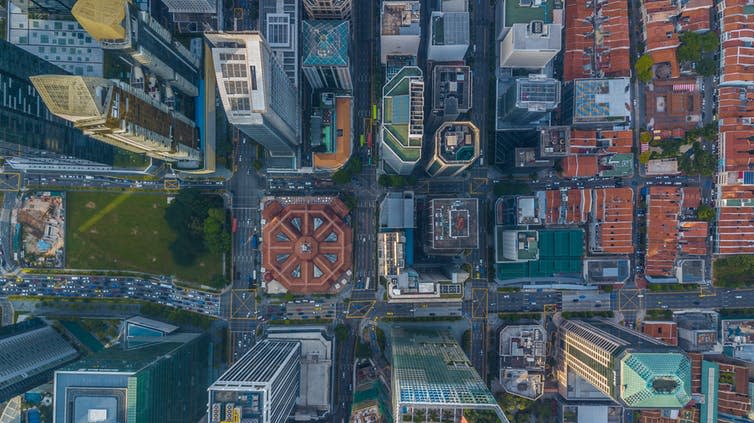<span class="caption">A drone’s eye view of the Singapore cityscape.</span> <span class="attribution"><a class="link " href="https://www.shutterstock.com/image-photo/aerial-view-shot-drone-singapore-city-725765074?src=Mvxq8vZqRA5ixrZp6YY9_g-1-0" rel="nofollow noopener" target="_blank" data-ylk="slk:shutterstock;elm:context_link;itc:0;sec:content-canvas">shutterstock</a></span>