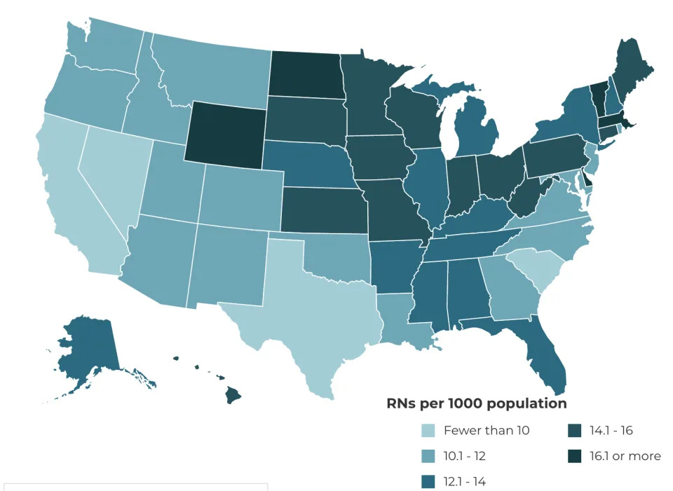 The number of registered nurses available by state. (Map: University of St. Augustine for Health Sciences)