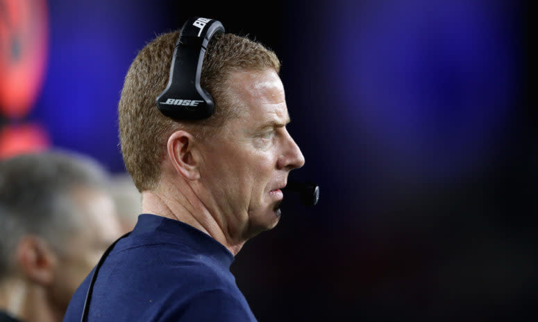 A closeup of Jason Garrett during a Dallas Cowboys game.