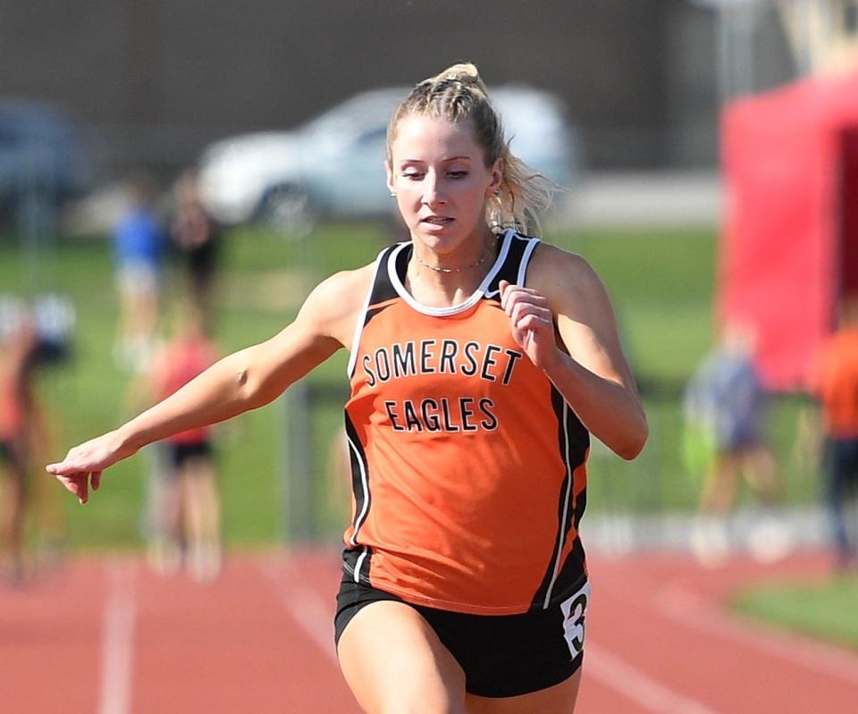 Somerset's Sydney Rush wins the girls 100-meter dash with a time of 12.02, breaking not only a school record but also a meet record during the District 5 Class 2A Track and Field Championships, Wednesday, at Northern Bedford High School.
