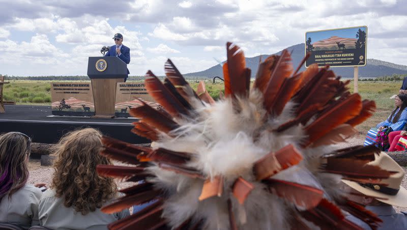 President Joe Biden speaks before signing a proclamation designating the Baaj Nwaavjo I’Tah Kukveni National Monument at the Red Butte Airfield Tuesday, Aug. 8, 2023, in Tusayan, Ariz. 