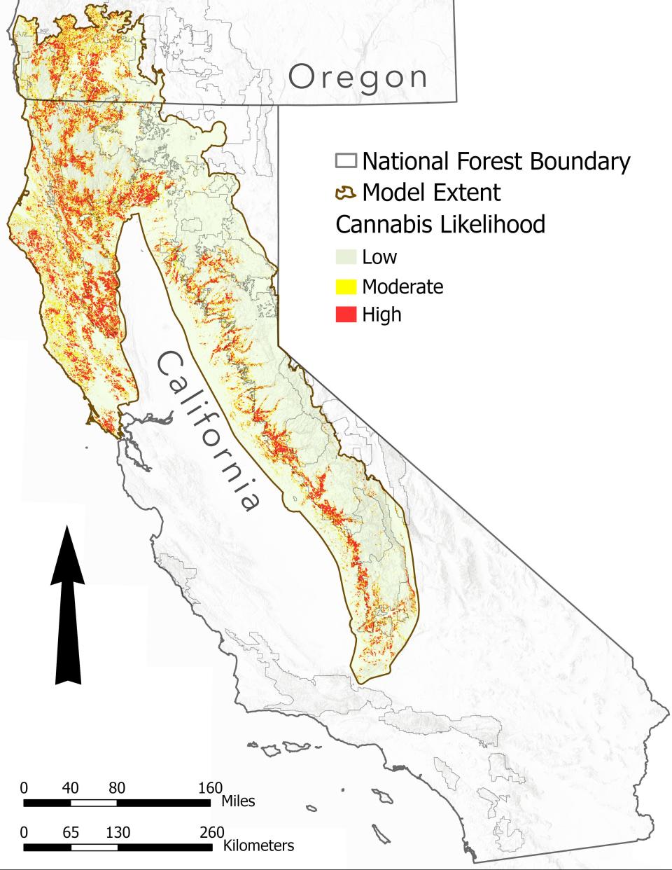 A map of likely distribution of trespass cannabis cultivation sites in a study area including parts of California and Oregon. Although this data is several years old, the effects of these grows are pervasive and long-lasting.