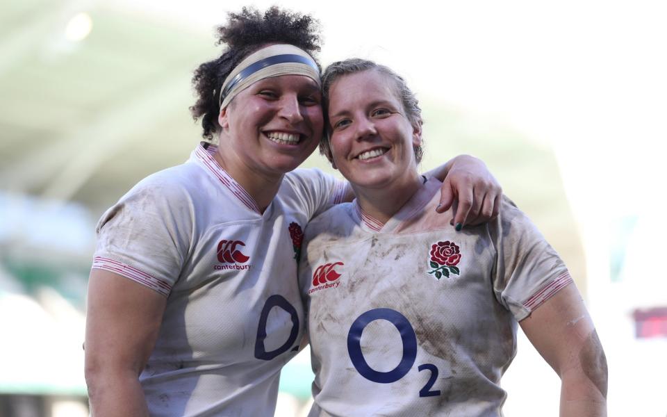 Shaunagh Brown and Vickii Cornborough pose for a photo following their sides victory in the Women's Six Nations Tournament match between France and England - Naomi Baker/The RFU Collection via Getty Images