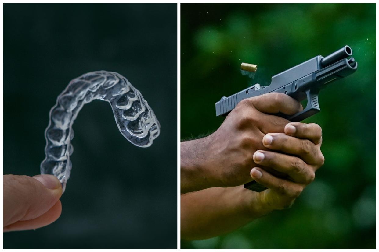 A clear invisible retainer, left, and a Glock 19 gun, right, in a composite image.