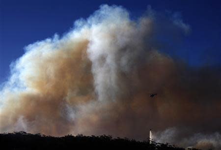 A helicopter drops water on a bushfire approaching homes near the Blue Mountains suburb of Blackheath, located around 70 km (43 miles) west of Sydney, October 23, 2013. REUTERS/David Gray