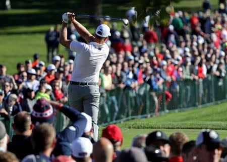 Sep 29, 2016; Chaska, MN, USA; Henrik Stenson of Sweden plays his shot from the second tee during a practice round for the 41st Ryder Cup at Hazeltine National Golf Club. Rob Schumacher-USA TODAY Sports