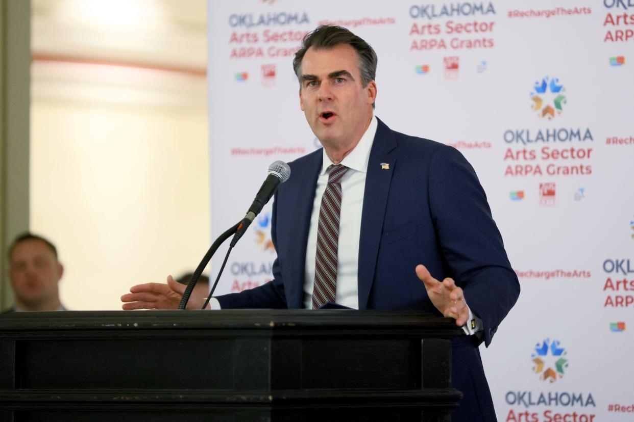Gov. Kevin Stitt speaks at the state Capitol in Oklahoma City, Thursday, April 11, 2024. Members of the Oklahoma arts community gathered for a celebration of the distribution of federal American Rescue Plan Act (ARPA) funds to help rebuild the arts sector following the COVID-19 pandemic.